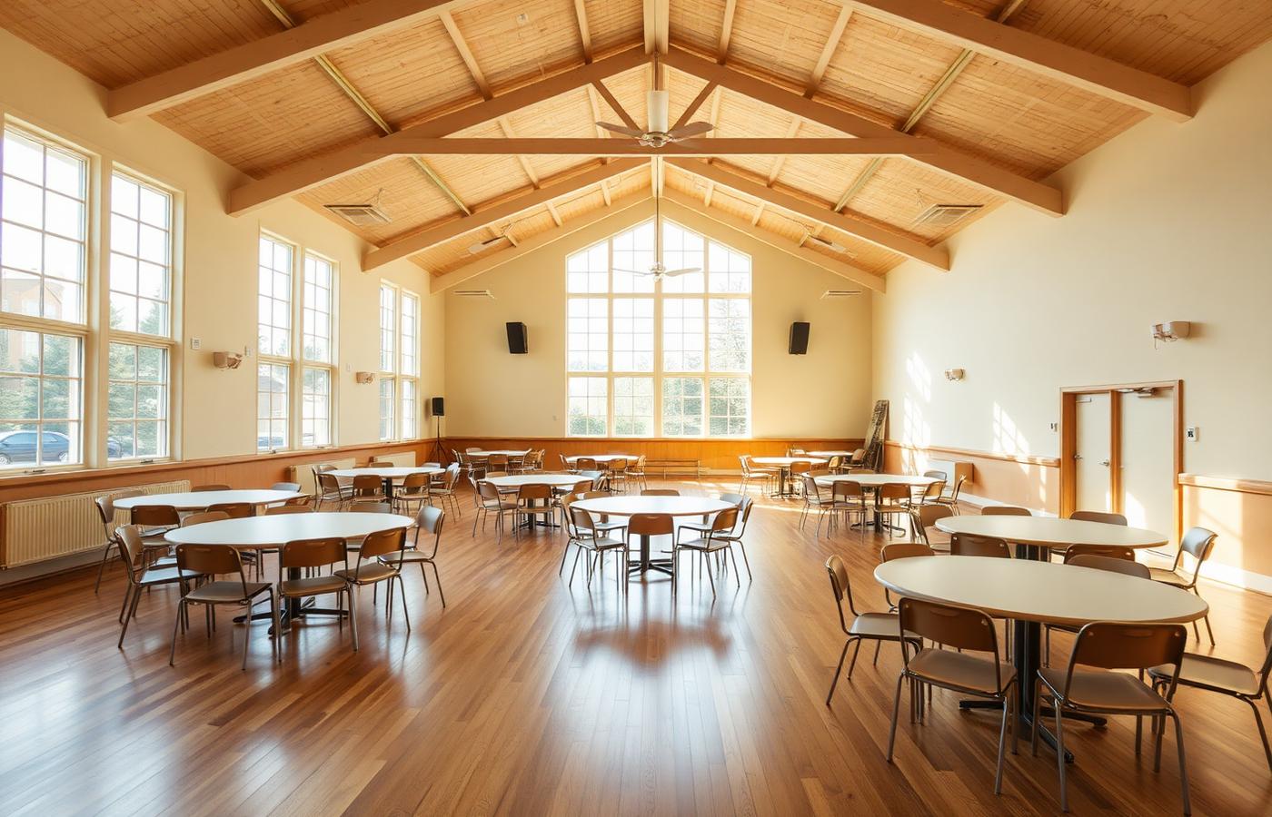 Bright multipurpose meeting hall with round tables and large windows