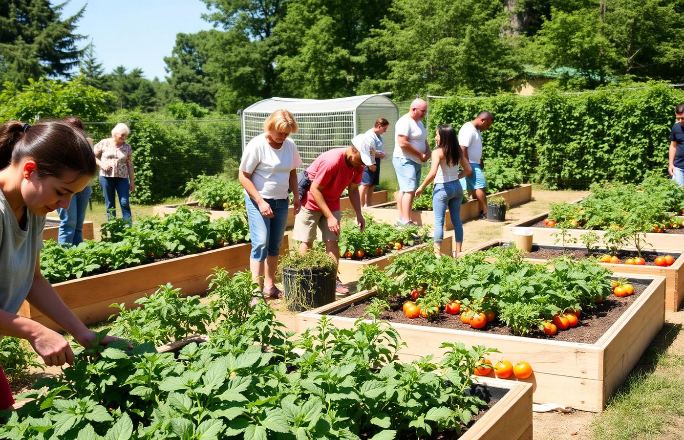 Raised beds and volunteers at the Cortland Community Learning Garden